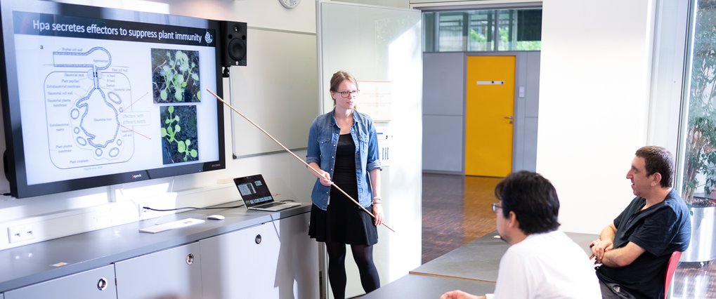 A PhD student gives a presentation in front of their colleagues